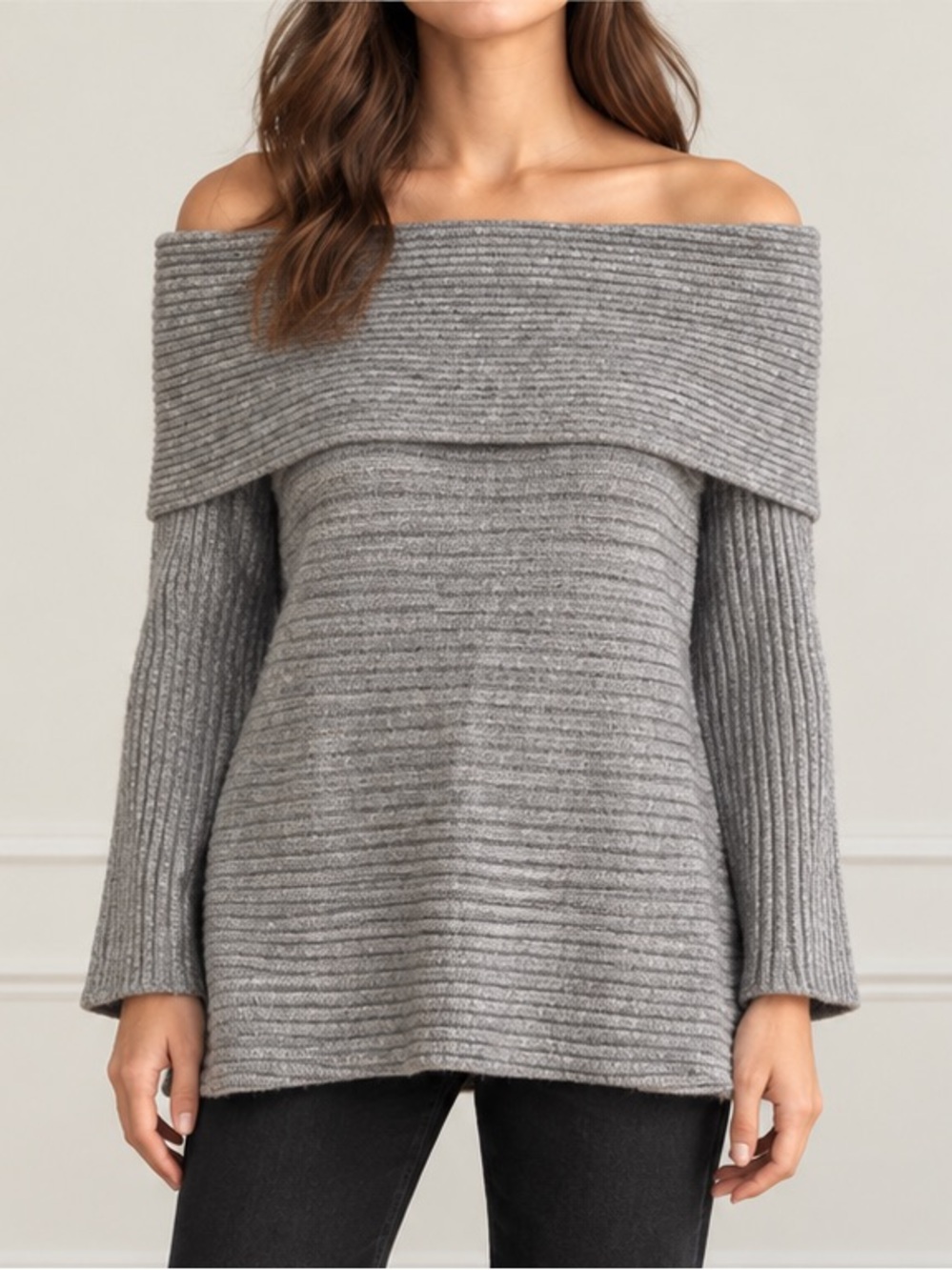 Lou & Grey Off Shoulder Sweater Size Small Gray Ribbed Cowl Neck Tunic Wool